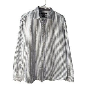 Michael Kors Classic Fit XL White & Navy Striped 100% Cotton Button-Up Shirt EUC